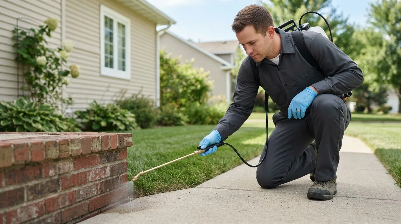 Pest control technician treating a home near Mckean, PA
