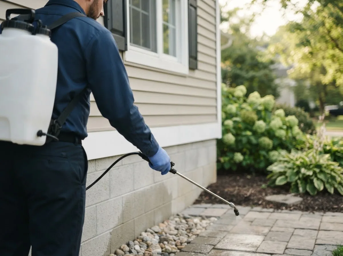 Pest control technician inspecting a home in Mckean, PA